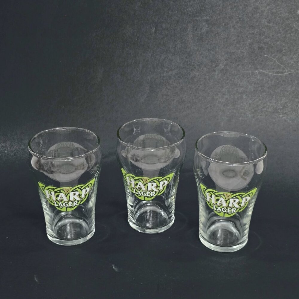 Set Of 3 Harp Lager 4.5" Celtic Green Mini Pub Logo Glasses Etched 10/12‎ Ozs